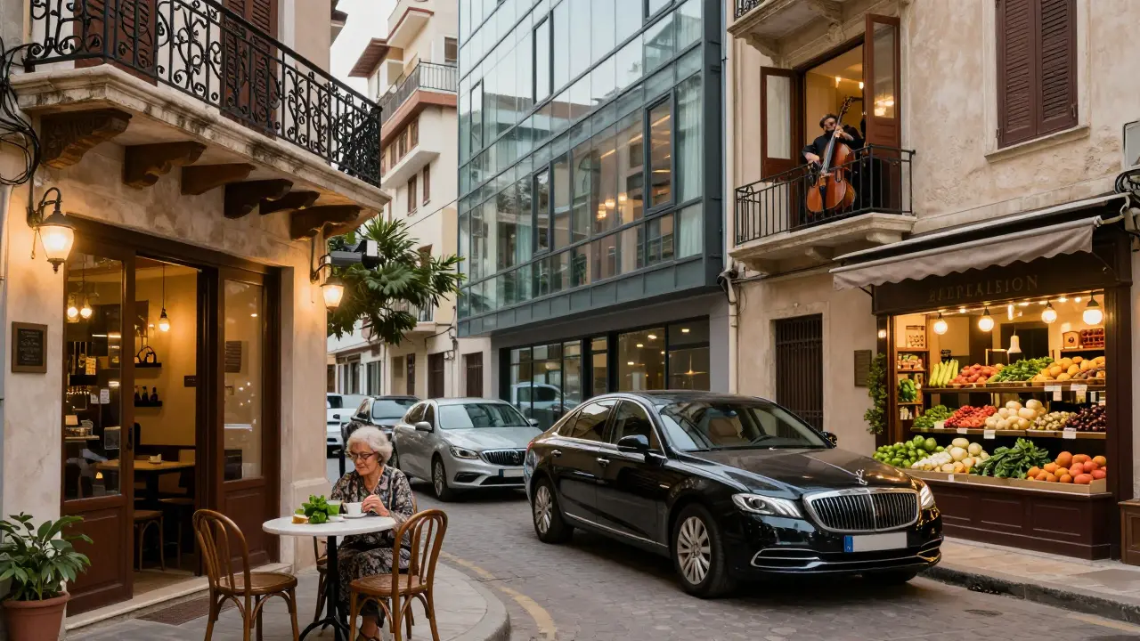 Rue d'Hydra mêlant architecture coloniale et contemporaine, avec un café animé et une voiture de luxe.