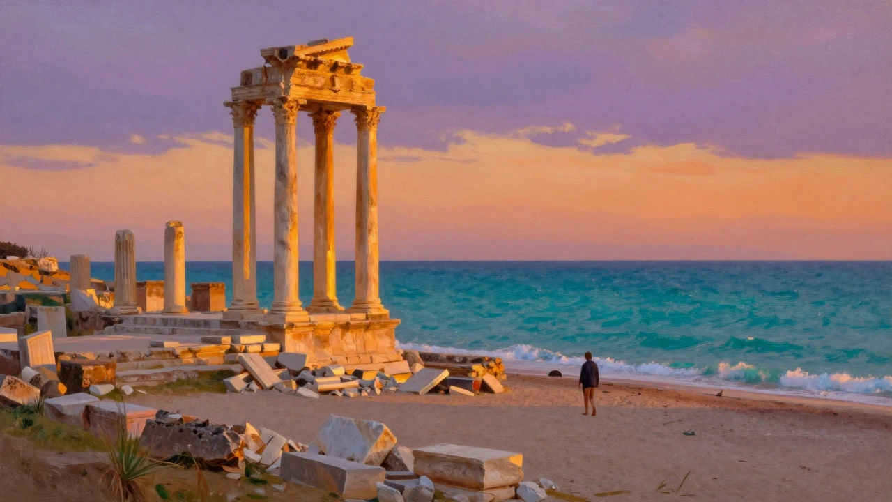 Ruines romaines de Tipaza au coucher du soleil, avec des colonnes face à la mer Méditerranée et des vagues douces.