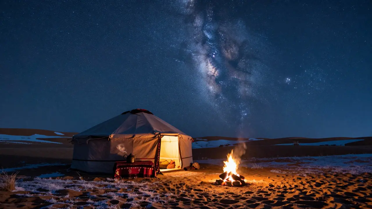 Tente berbère illuminée sous un ciel étoilé, avec des dunes recouvertes de givre et un feu de camp qui luit dans la nuit d'hiver.