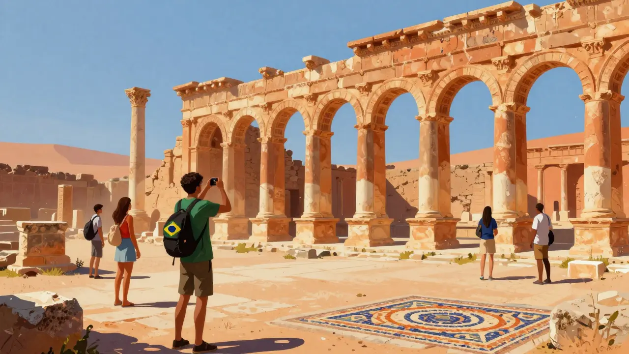 Touristes brésiliens, chiliens et indonésiens découvrant les ruines romaines de Timgad en Algérie.