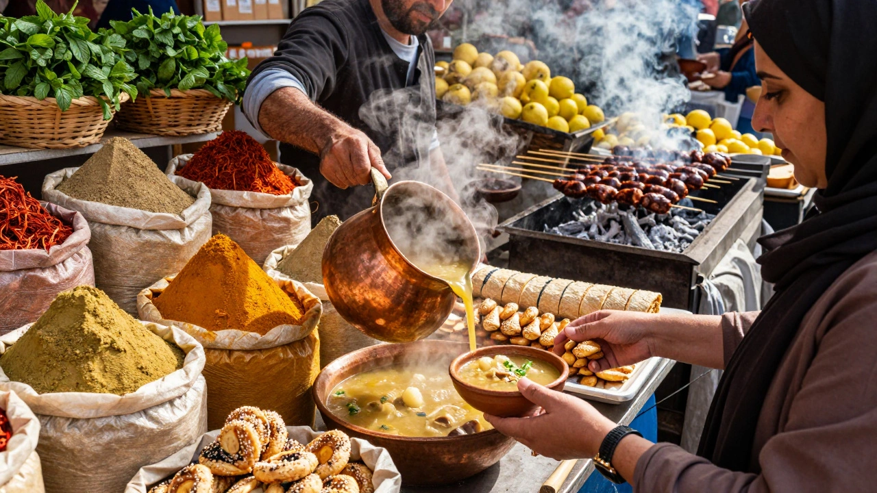 Un marché animé en Algérie avec des épices colorées, des chebakias et des merguez grillées en train de cuire.