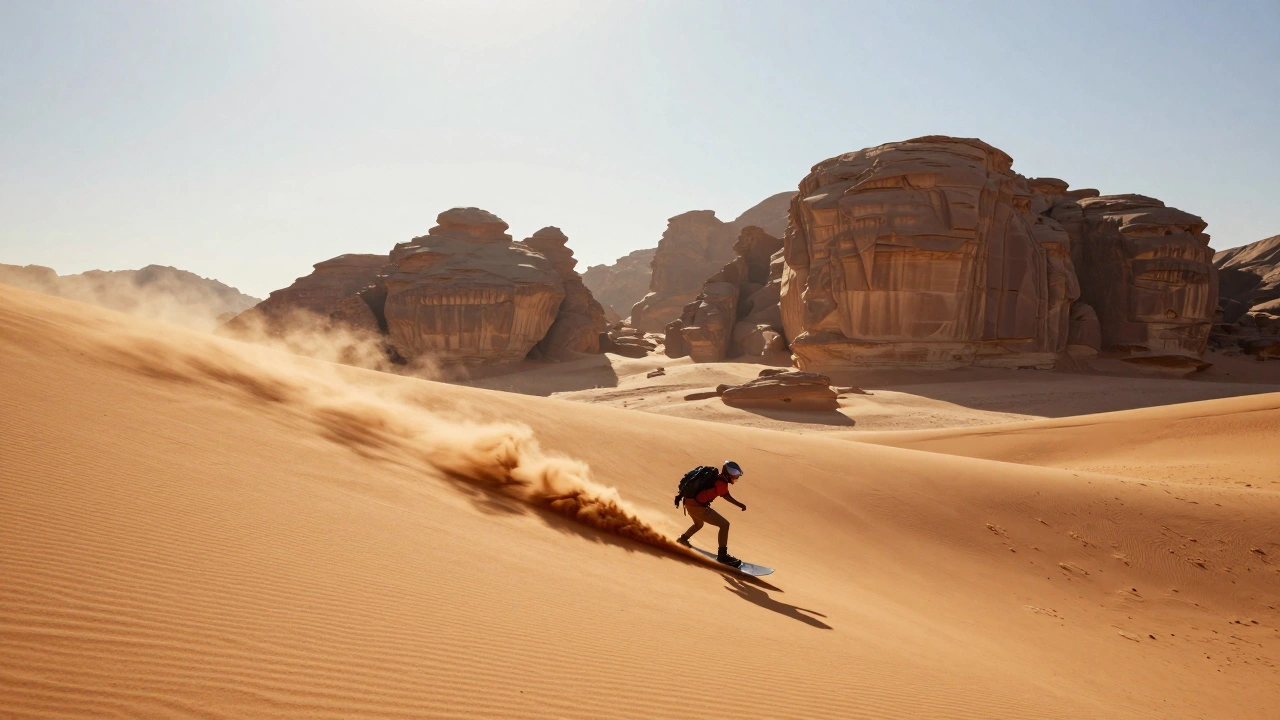Un pratiquant de sandboarding descend une dune au lever du soleil, avec des formations rocheuses ancestrales en arrière-plan.