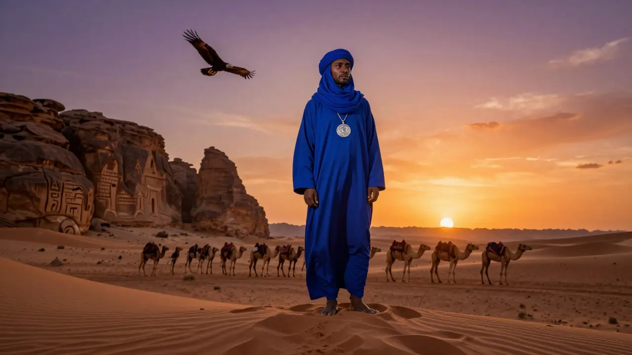 Un Touareg en turban bleu guide une caravane de chameaux au coucher du soleil dans le désert de Tassili n’Ajjer.