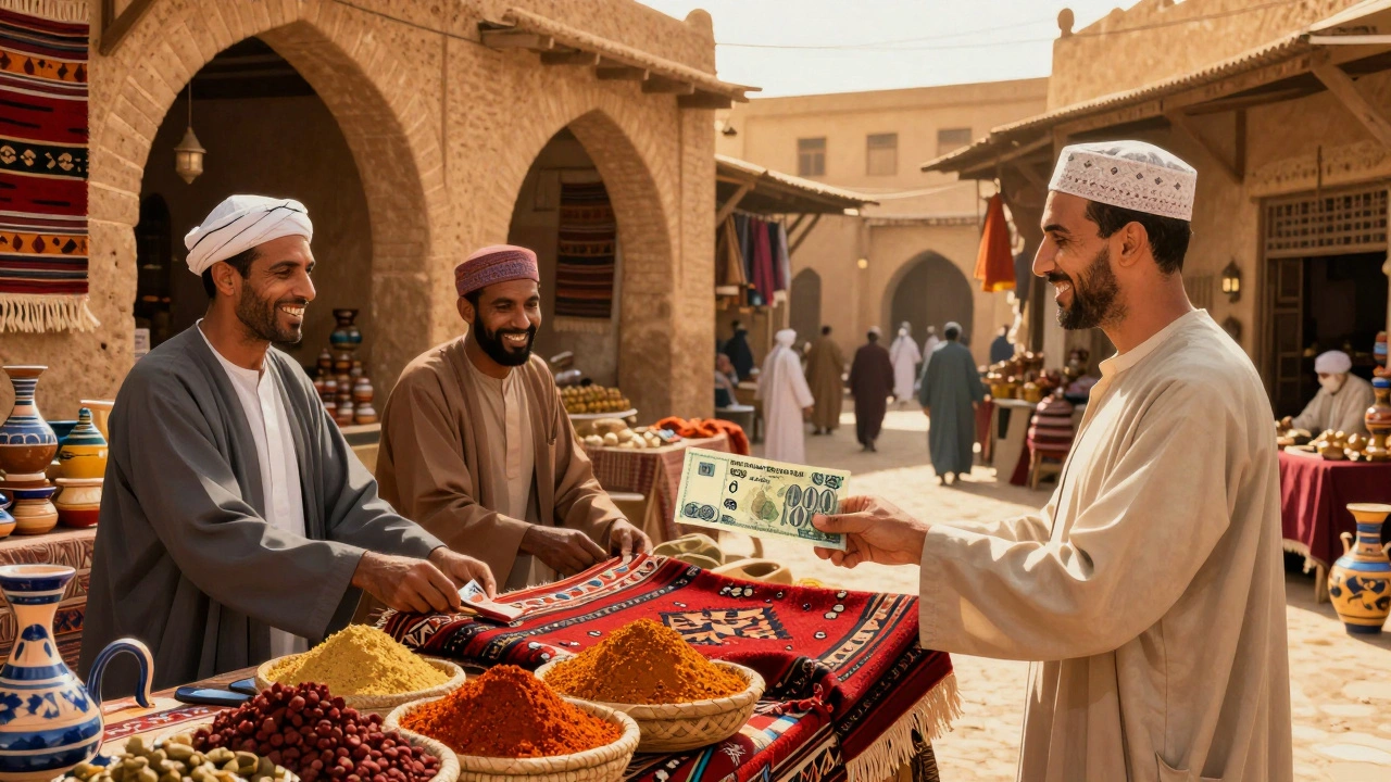 Un touriste achète un tapis artisanal dans un marché algérien avec des billets de dinars.