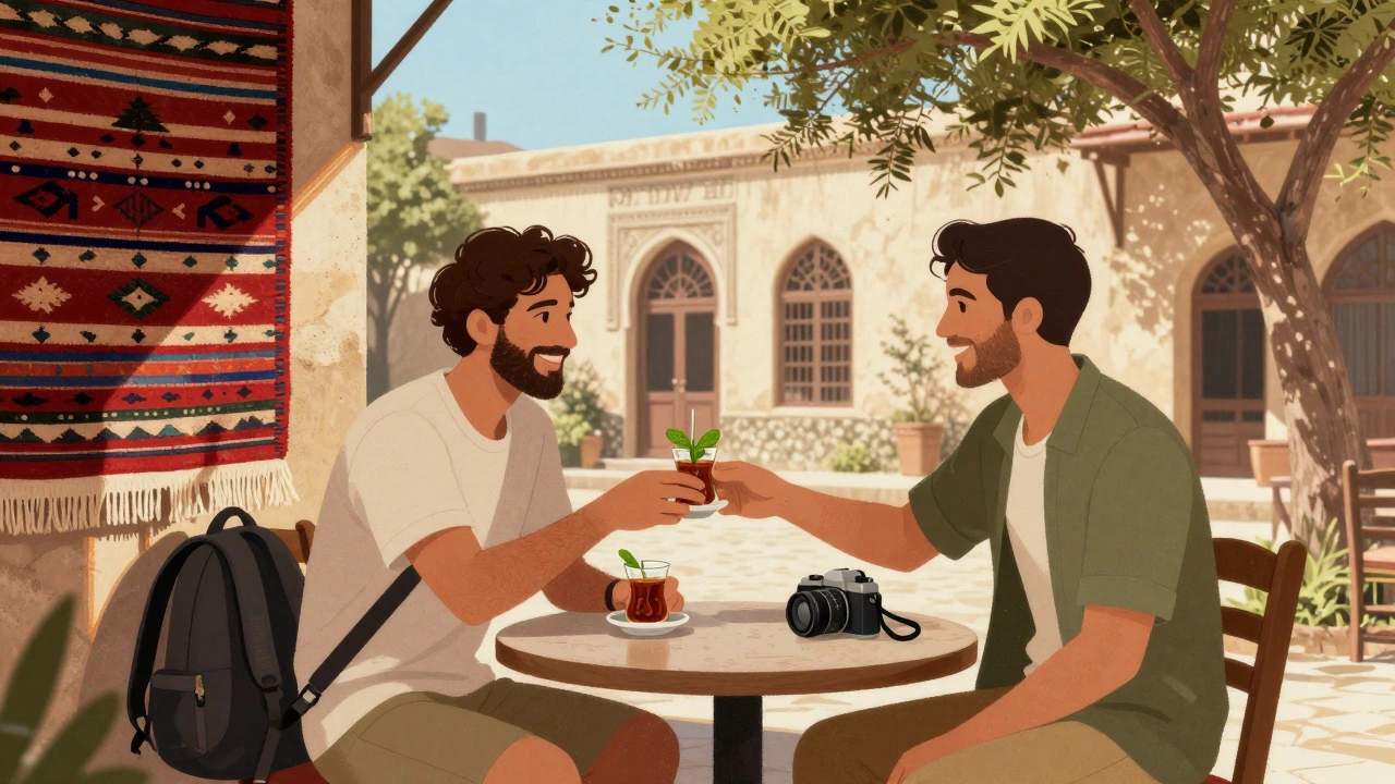 Un voyageur américain boit du thé à la menthe sur une terrasse à El Biar, accueilli par un hôte algérien souriant.