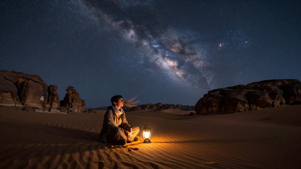 Un voyageur silencieux sous un ciel étoilé dans le désert du Tassili, seul avec la nuit.