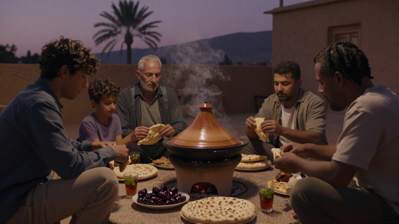 Une famille partage un tajine et du pain dans une cour montagnarde au crépuscule, avec un verre de thé à la menthe.