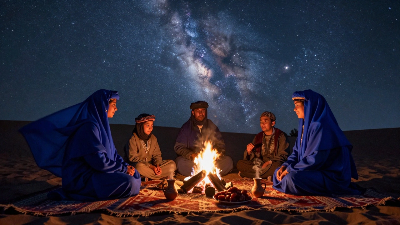 Une famille touarègue partage un thé autour d&#039;un feu de camp sous la Voie lactée.