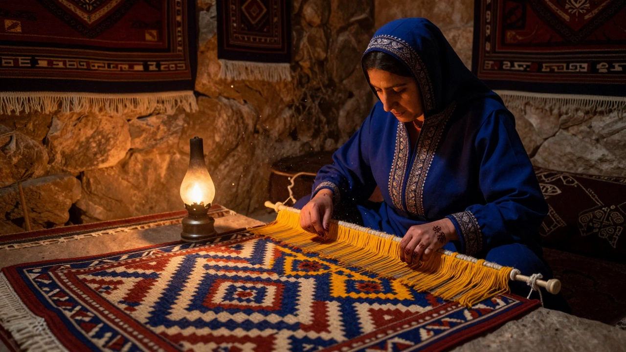 Une femme berbère tisse un tapis aux motifs symboliques à la lueur d&#039;une lampe à huile.