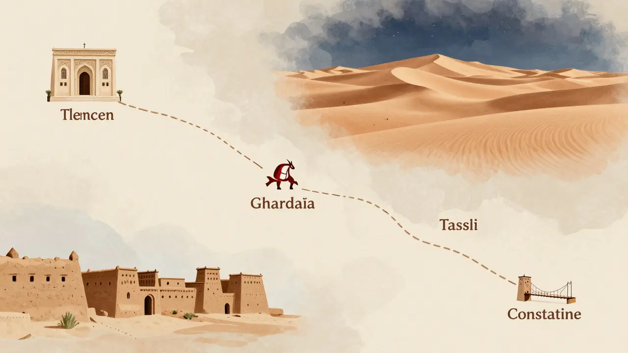 Une illustration artistique des régions clés de l'Algérie connectées par un itinéraire de 15 jours.