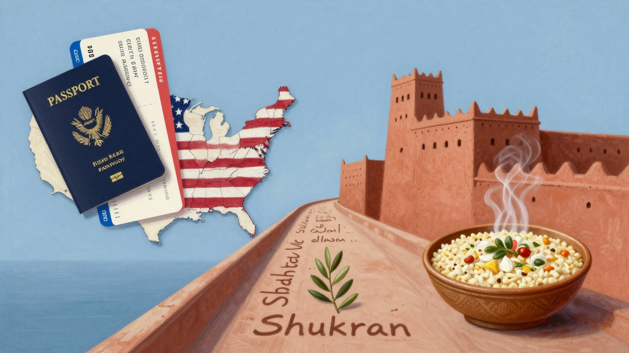 Une illustration symbolique reliant la culture américaine et algérienne par des mots d&#039;accueil et une branche d&#039;olivier.