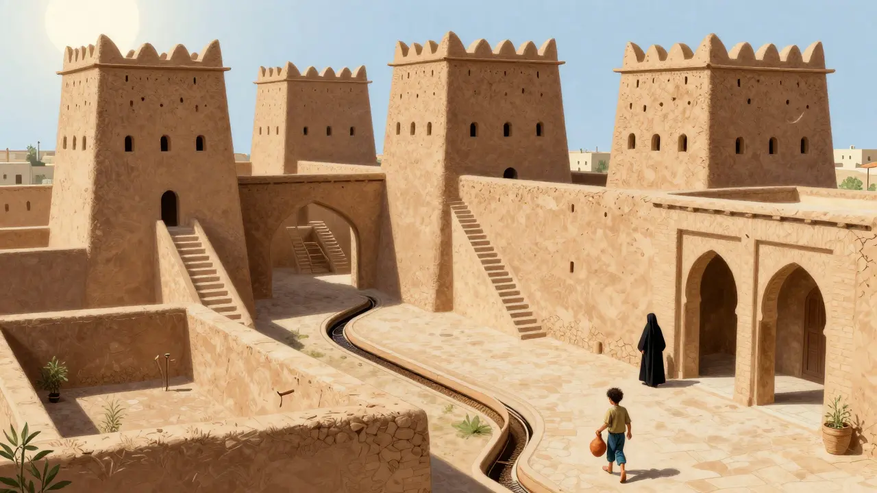 Une kasbah mozabite en terre crue avec ses citadelles, escaliers en spirale et canaux d'irrigation anciens sous un soleil éclatant.