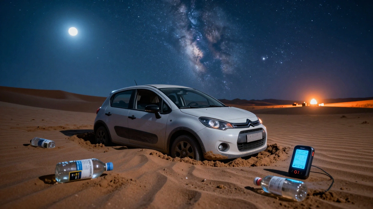 Une petite voiture enfoncée dans le sable, entourée de bouteilles d&#039;eau et d&#039;un balise de secours allumée sous un ciel étoilé.