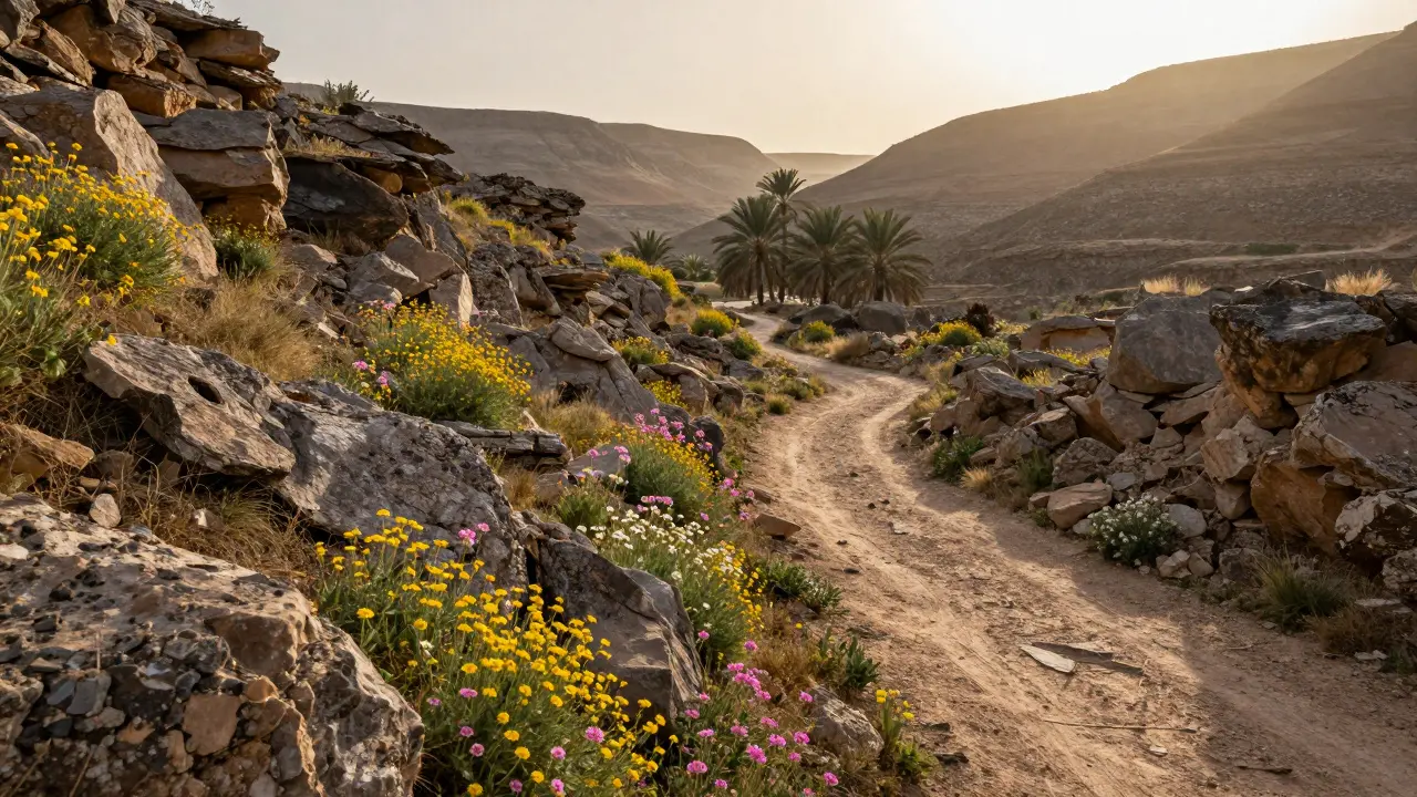Vallée du Ziz en mars, avec des fleurs sauvages épanouies entre les rochers et des palmiers au loin sous un soleil matinal.