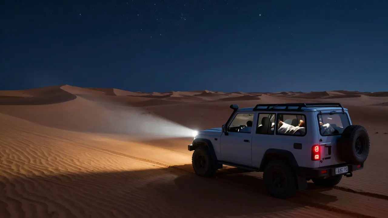Véhicule 4x4 en pleine nuit dans le désert, sous un ciel étoilé, pendant l'été.