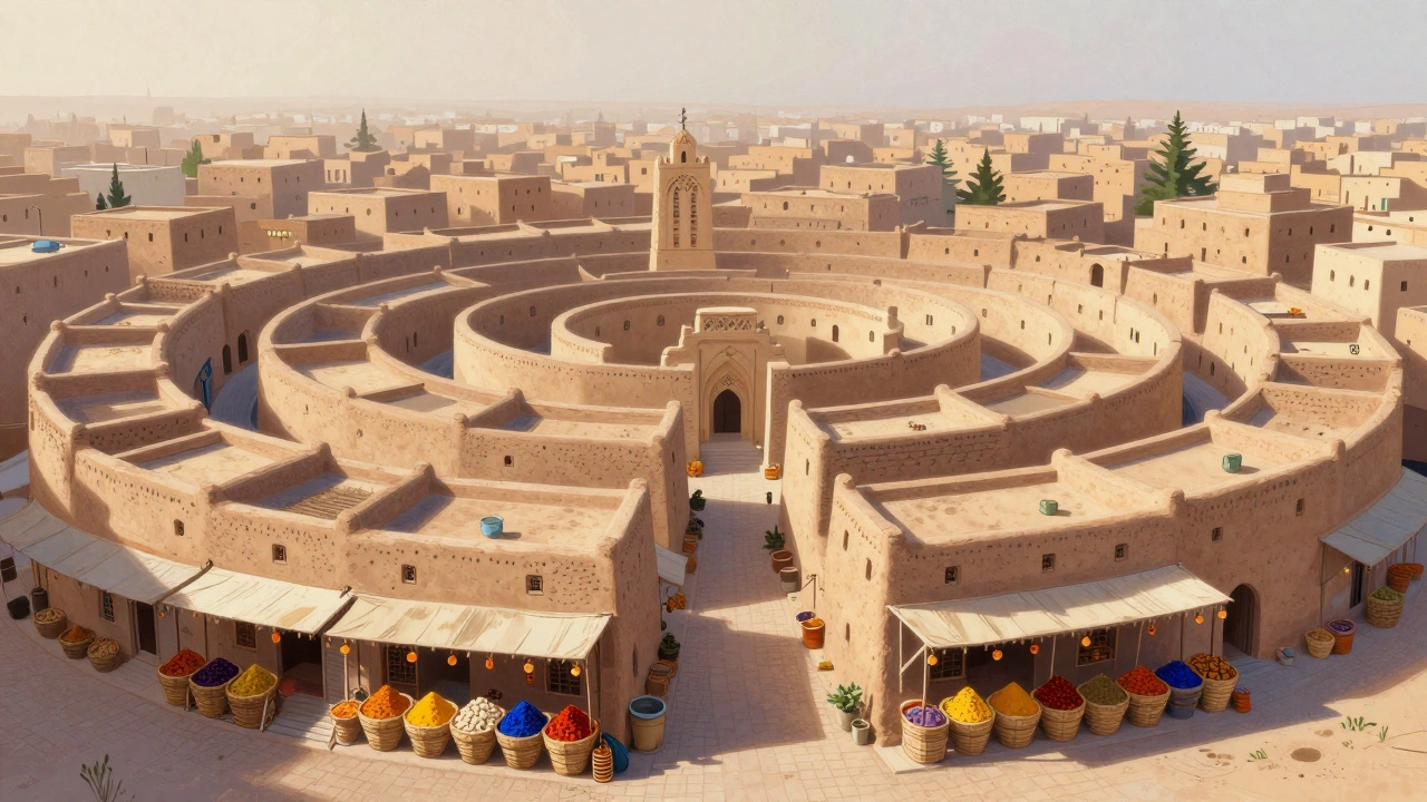 Village de Ghardaïa aux maisons blanches en terre, avec des allées étroites et un marché coloré sous une lumière douce.