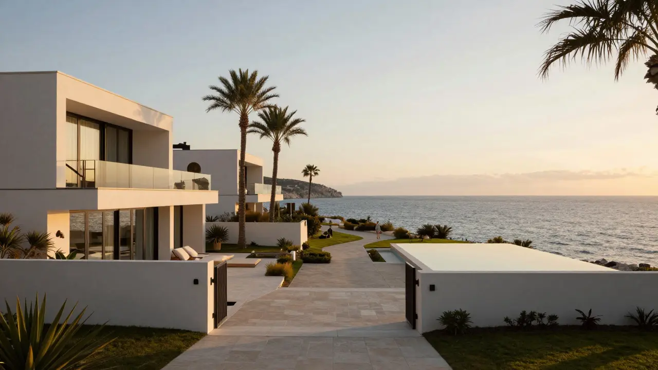 Villas modernes de Zéralda surplombant la mer Méditerranée, dans la lumière dorée du coucher de soleil.