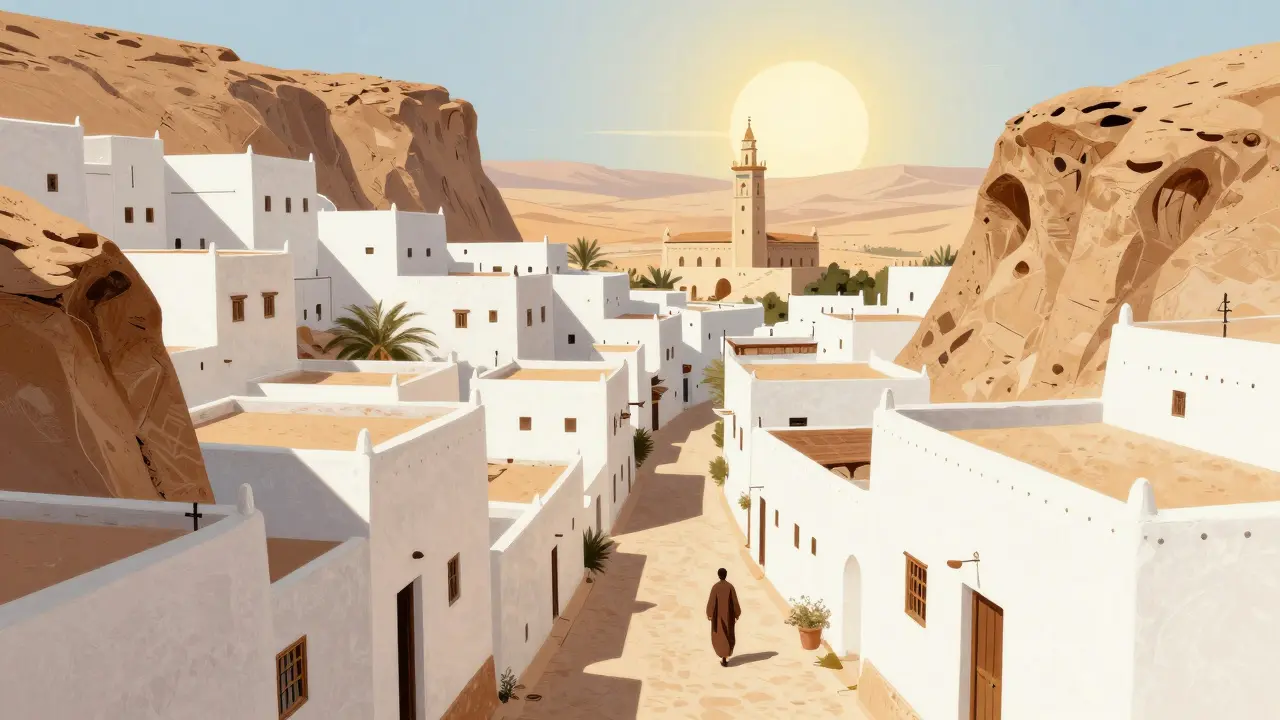 Ville de Ghardaïa aux maisons en terre cuite, nichées dans le désert, avec des ruelles ombragées et un minaret.