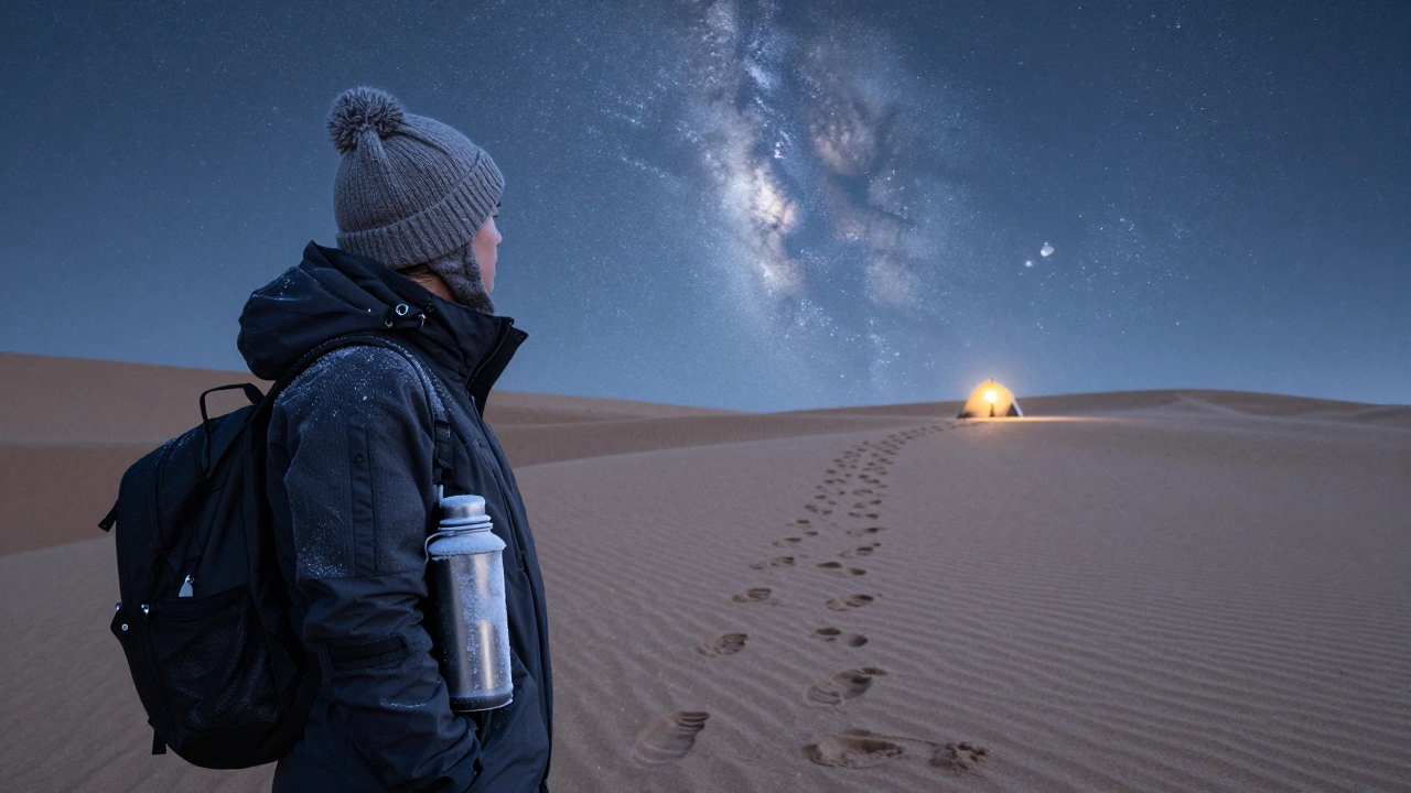 Voyageur en vêtements thermiques près d&#039;une gourde gelée sous la lune pleine dans le désert.