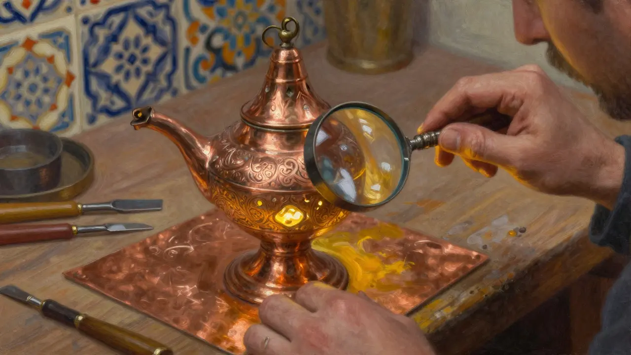 Artisan en train de graver une lampe en cuivre de Tlemcen, lumière dorée et motifs arabesques détaillés.