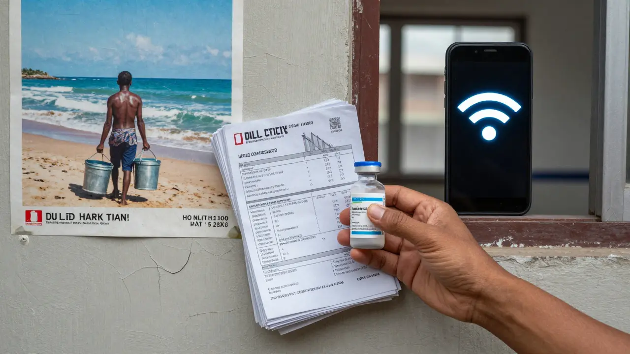 Bouteille d'insuline et factures sur un mur fissuré, avec un voisin portant de l'eau et un téléphone qui affiche un Wi-Fi instable.