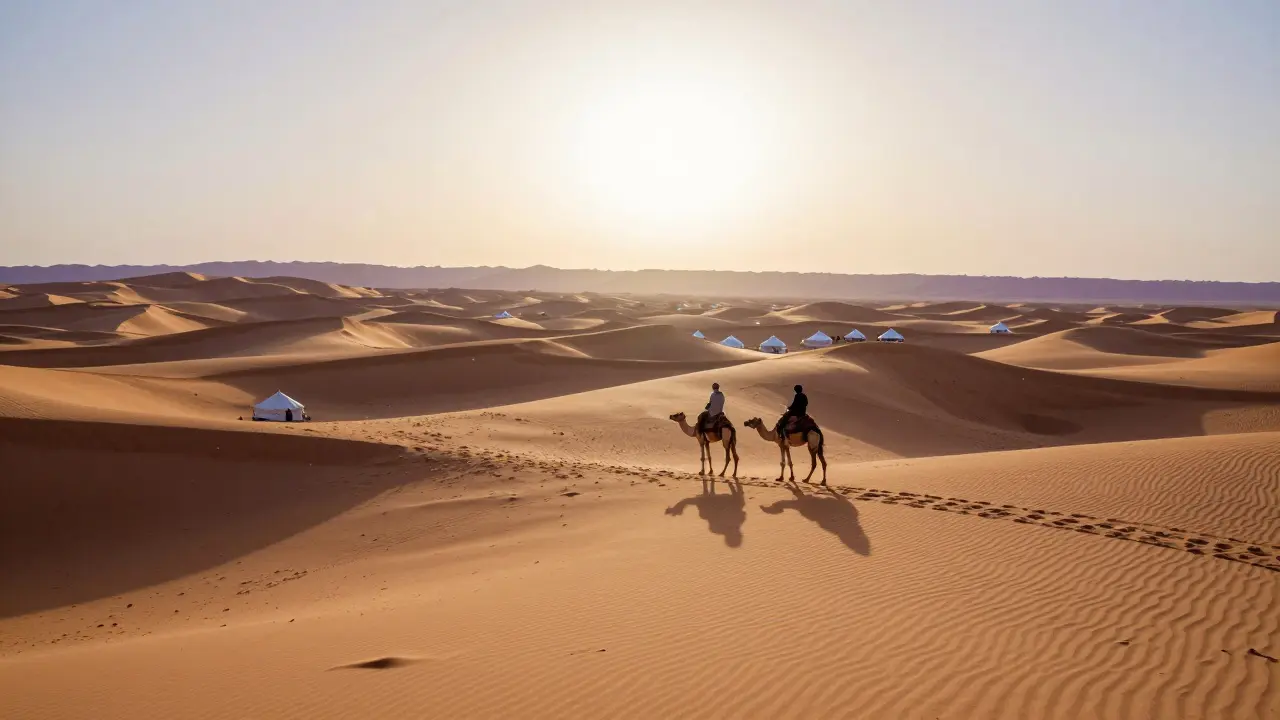 Caravane dans le désert du Sahara au lever du soleil, dunes dorées et tentes nomades.