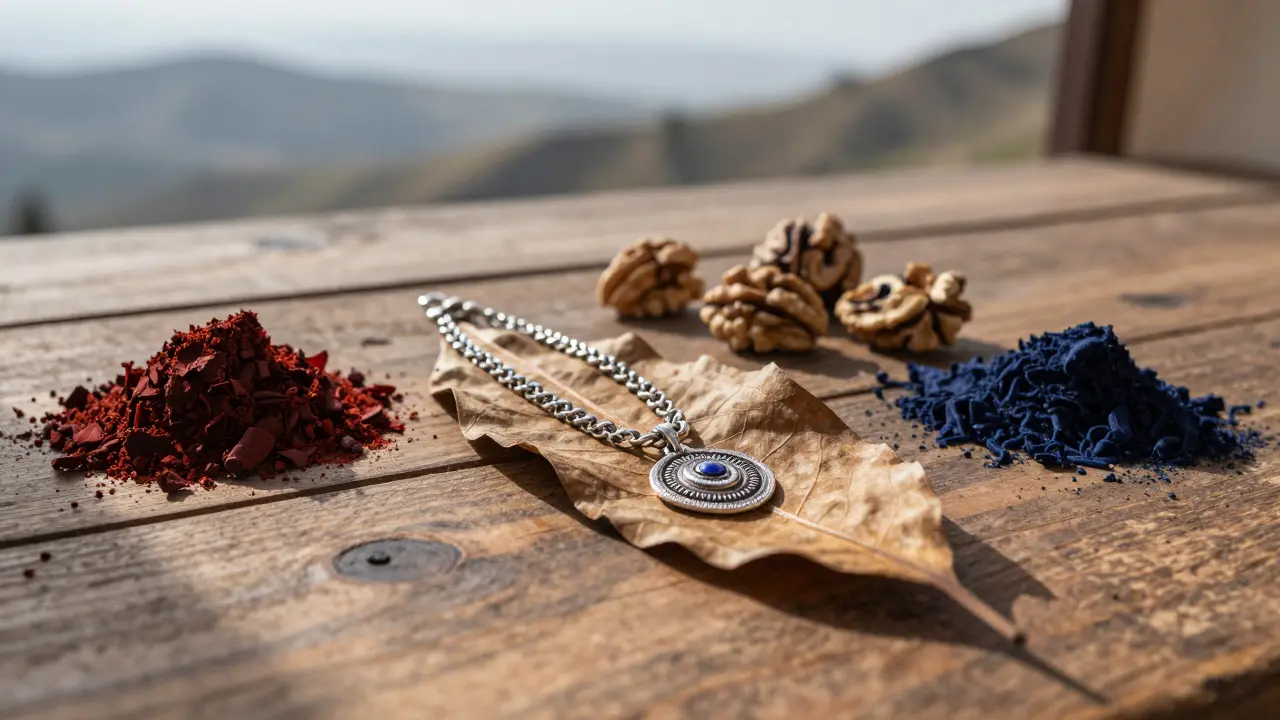 Collier en argent de Kabylie posé sur une feuille de henné, avec des teintures naturelles autour.