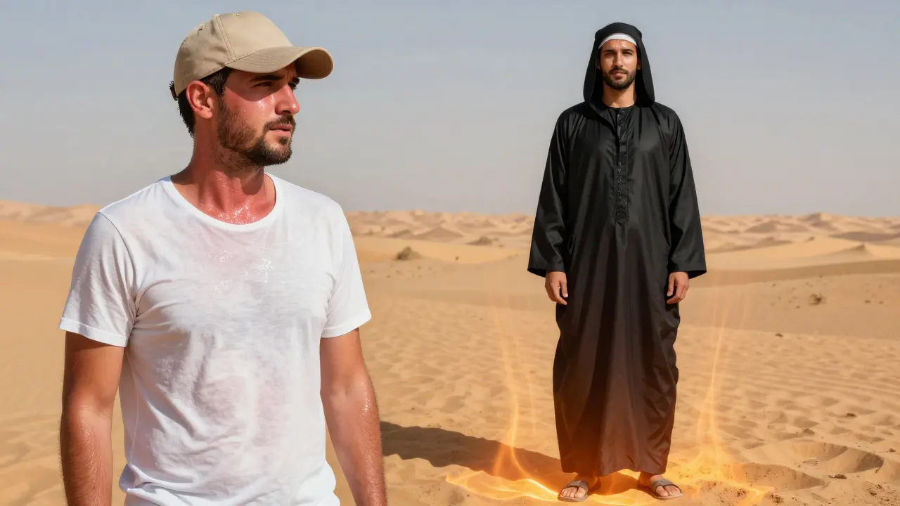 Comparaison entre un touriste en t-shirt blanc et un local en robe noire sous le soleil du désert.