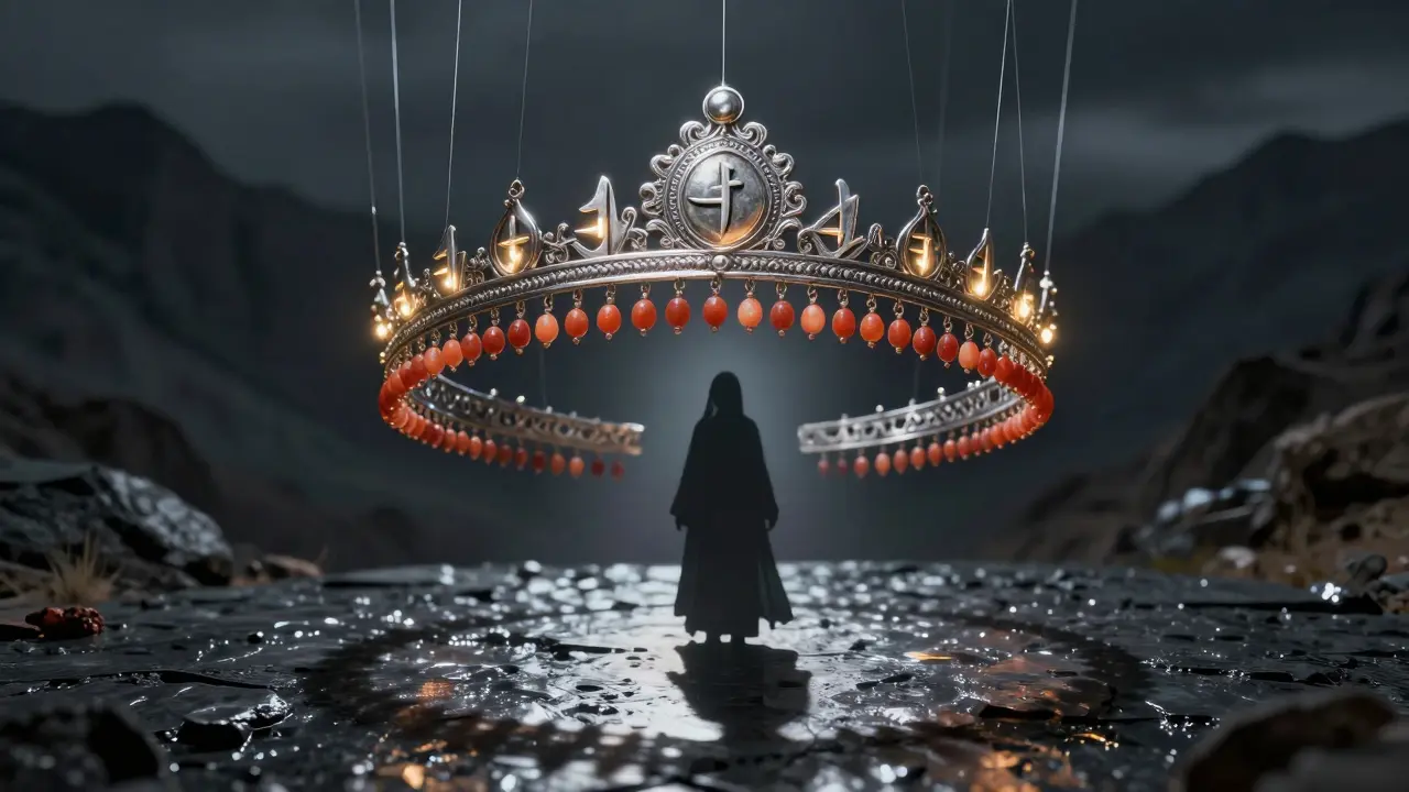 Diadème chaouia en argent flottant, projetant des ombres de mémoire historique.