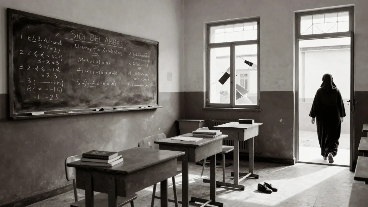 École française abandonnée en Algérie, avec des chaussures laissées sur le sol et la lumière du jour entrant par les décombres.