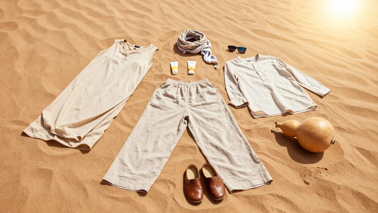 Ensemble d'équipements essentiels pour le Sahara posés sur le sable : burnous, lunettes, gourde, crème solaire et babouches.