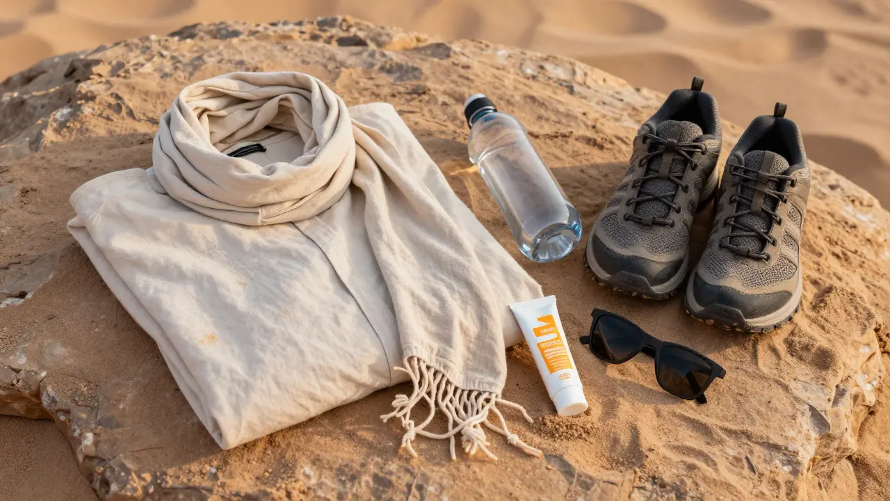 Équipement de survie du désert : foulard, burnous, chaussures et bouteille d'eau disposés sur du sable au coucher du soleil.