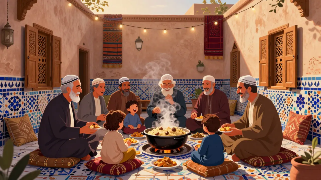Famille algérienne célébrant l'Aïd dans une cour traditionnelle, partageant un repas sous des lumières douces.