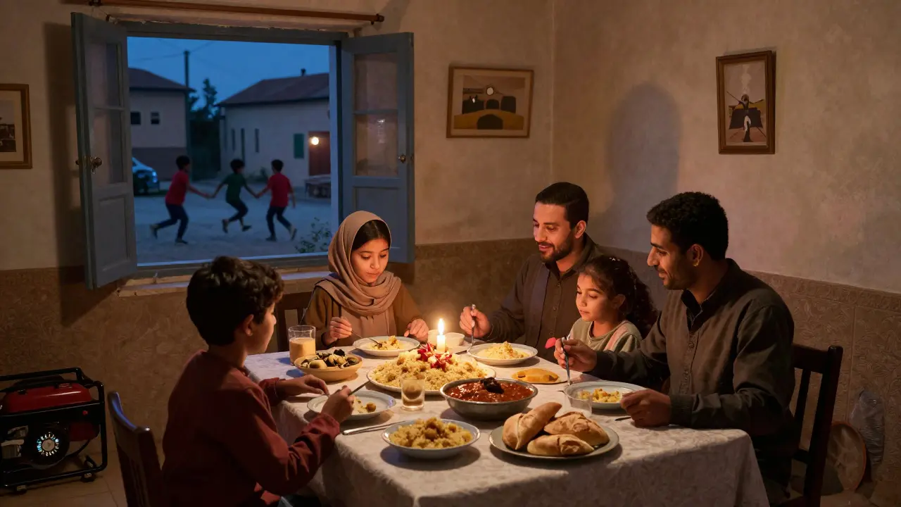 Famille algérienne partageant un repas à la lumière d'une bougie, pendant une coupure d'électricité.
