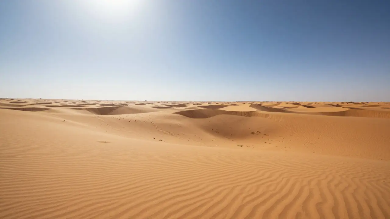 Grand Erg Occidental, dunes de sable infinies sans trace humaine sous un soleil éclatant.