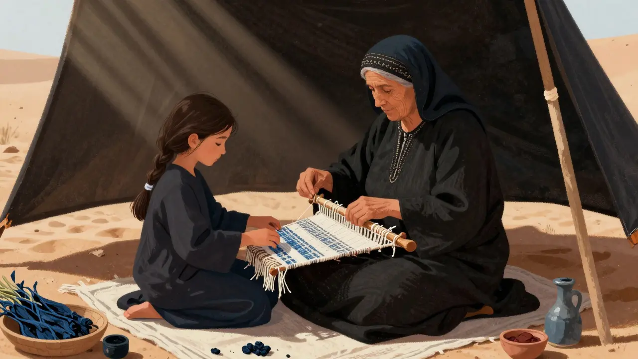 Grand-mère berbère enseignant à sa petite-fille le tissage d'un vêtement noir en coton.