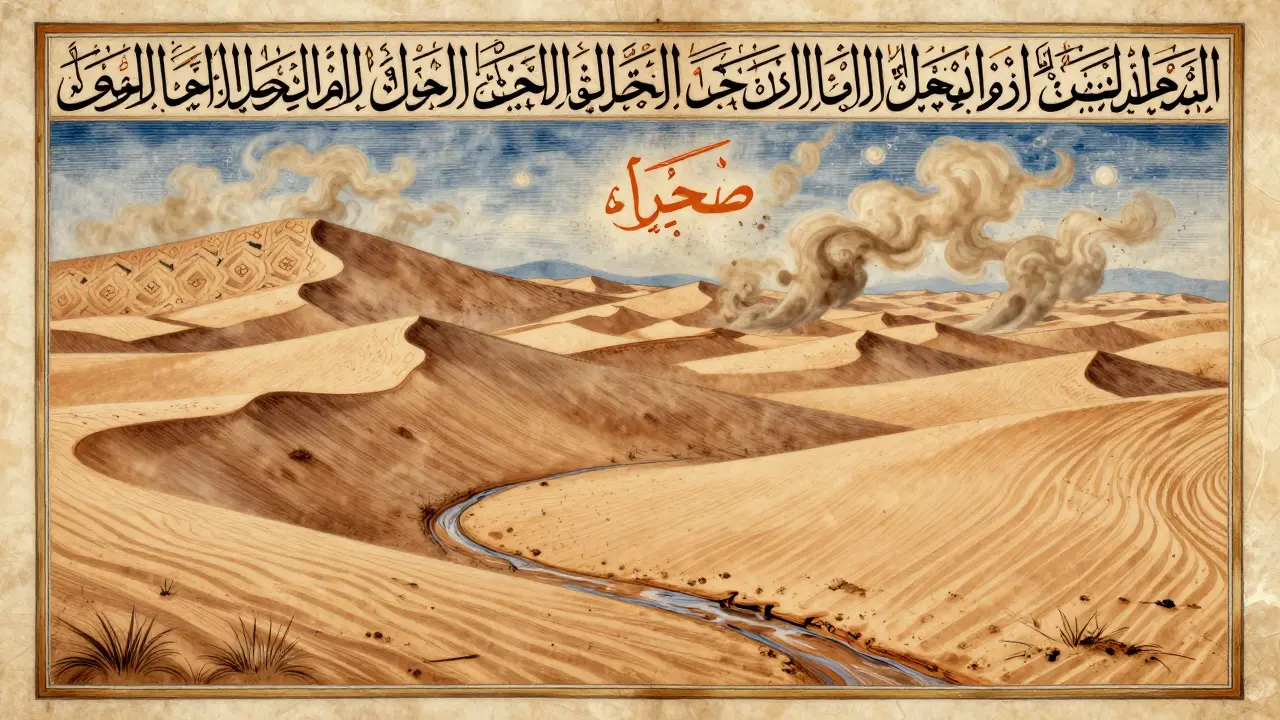 Illustration stylisée du désert avec des motifs de vent, des lits de rivières secs et des caractères arabes flottants.