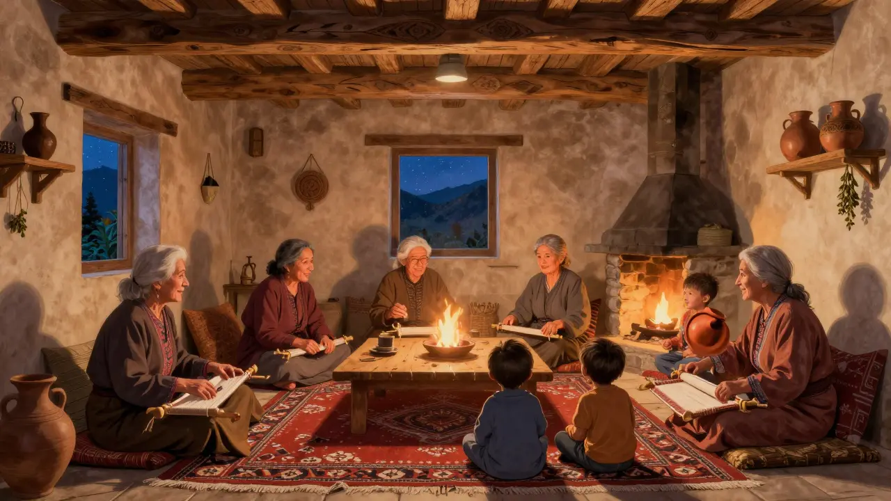 Intérieur d'un kabil au crépuscule, où plusieurs générations partagent un repas et des contes près d'un feu de cheminée.