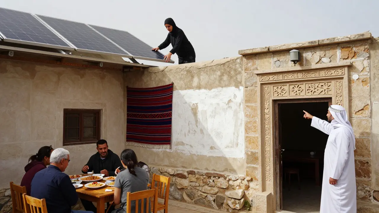 Jeune femme rénovant un kabil avec panneaux solaires tout en conservant les murs en pierre et les tapis tissés traditionnels.