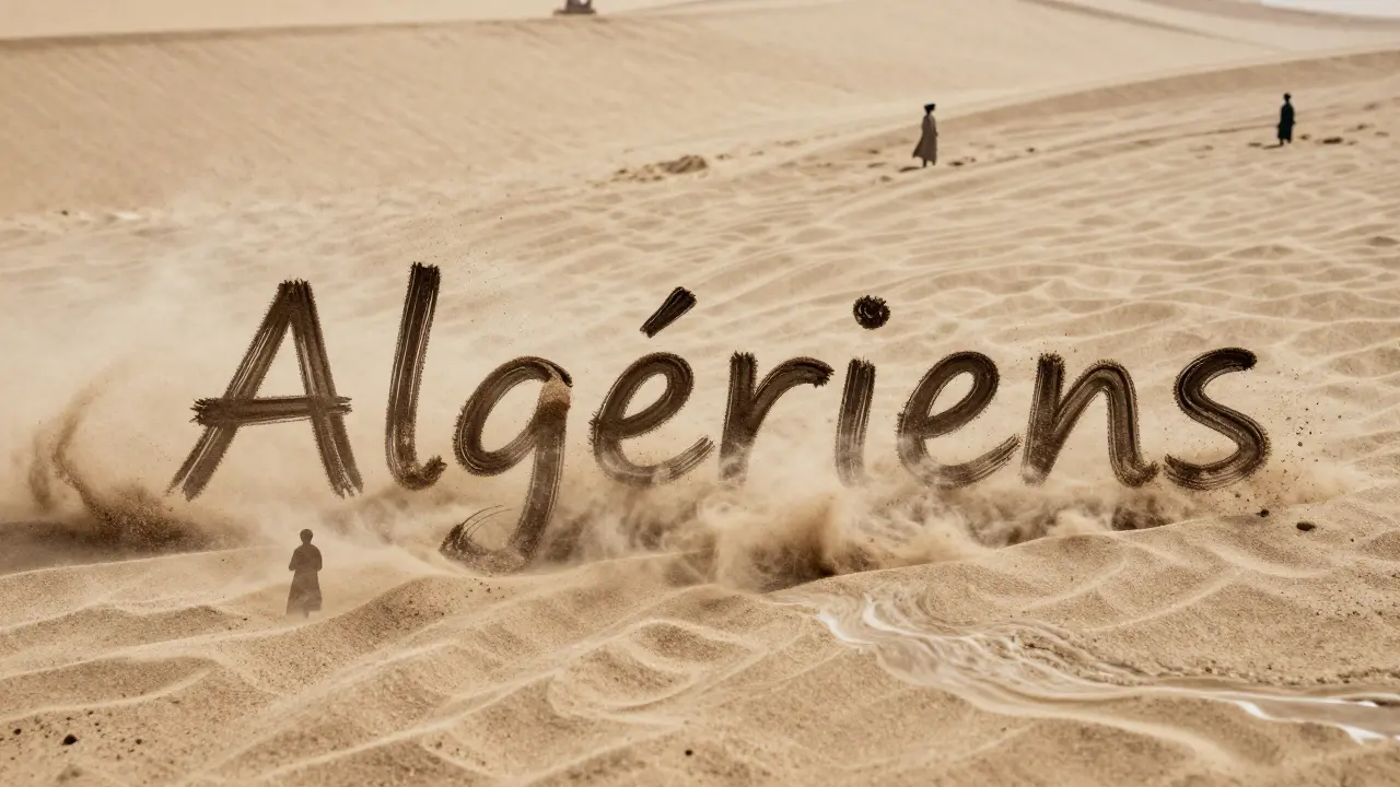 Le mot 'Algériens' qui se dissout dans le sable et le vent, avec des silhouettes de différentes ethnicités émergent de la matière.