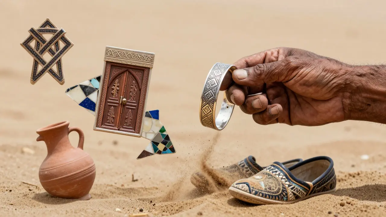 Les mains d'un artisan algérien tiennent un bijou en argent, au-dessus d'un mosaïque de motifs culturels traditionnels.
