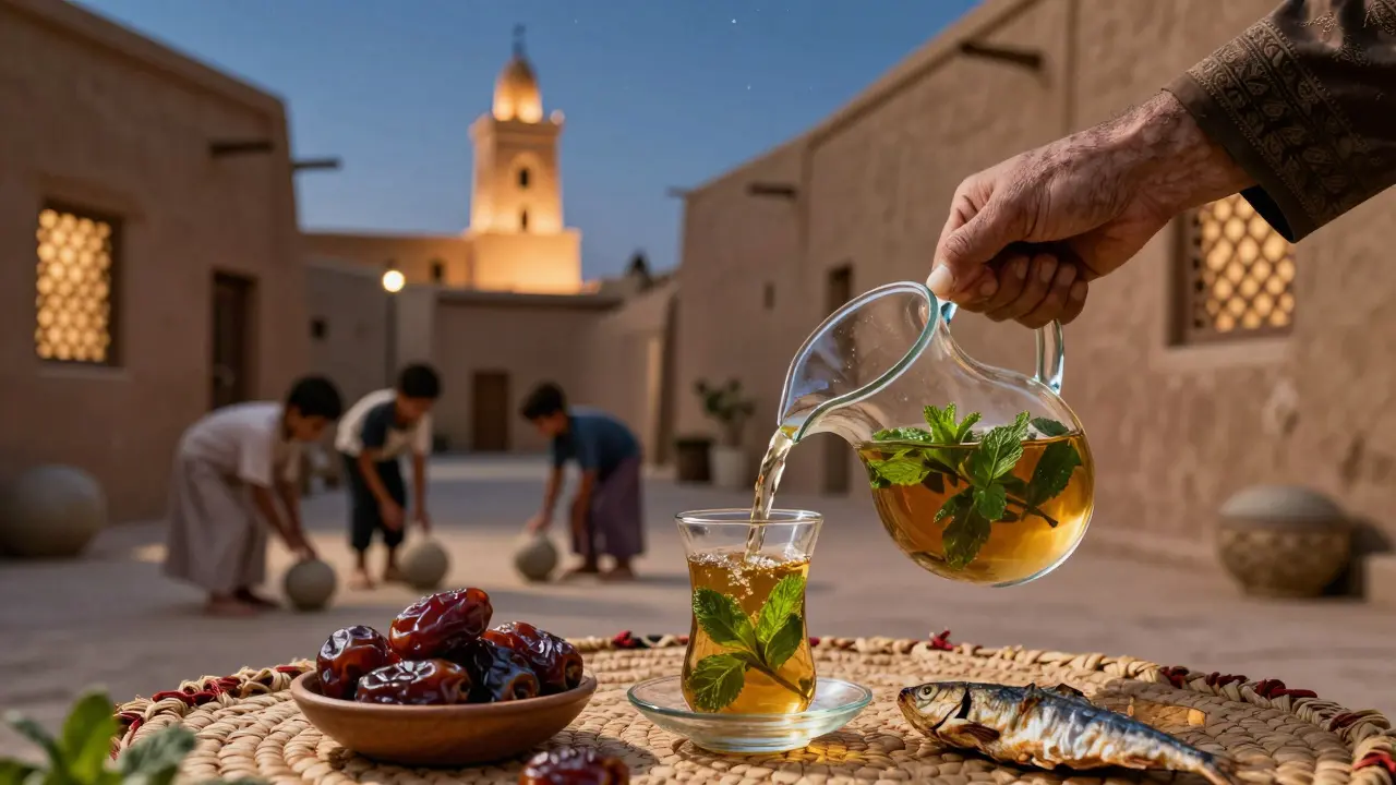 Main versant du thé à la menthe sur un tapis, avec des enfants jouant dans une ruelle et une minarete en arrière-plan.