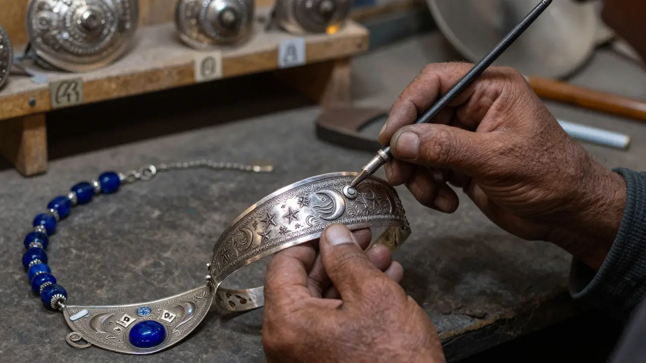 Mains d'artisan touareg gravant un diadème en argent massif avec des motifs traditionnels et des symboles protecteurs.