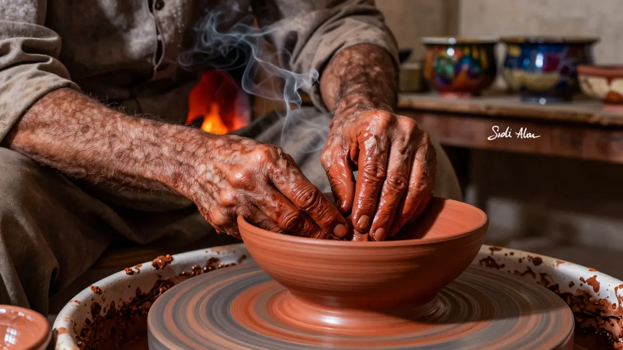 Maître potier modelant à la main un bol en argile rouge de Sidi Ali, avec des reflets métalliques et une signature gravée.