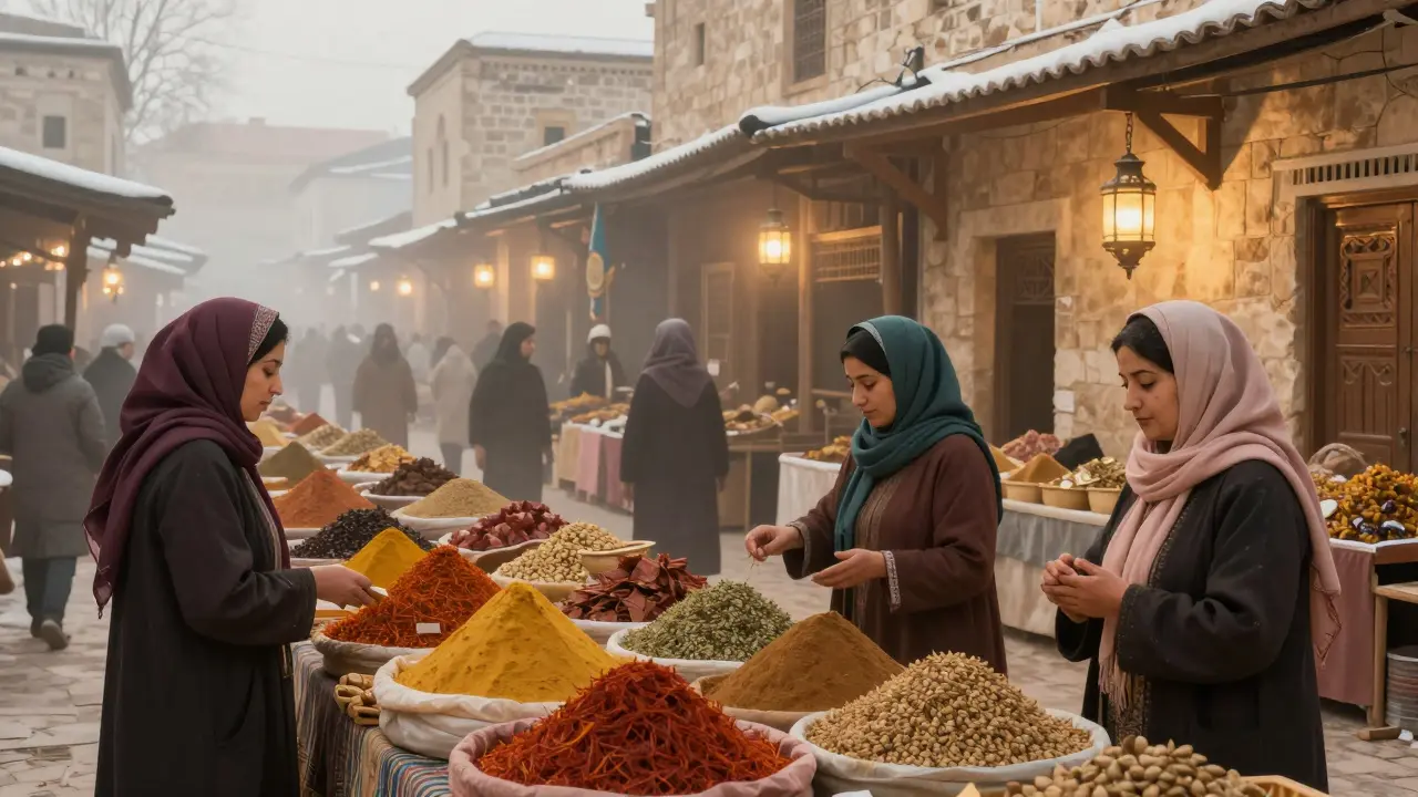 Marché hivernal à Constantine avec des épices en vrac et des acheteuses locales.