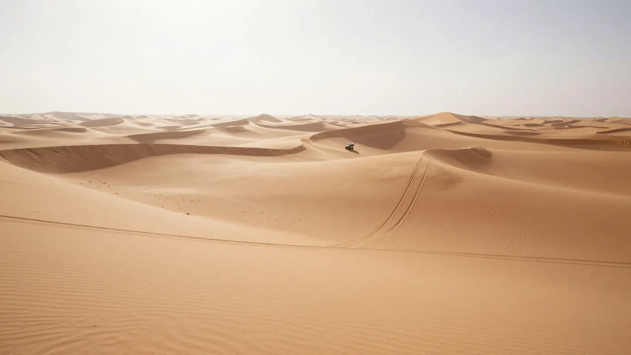 Océan de dunes du Grand Erg Occidental sous un ciel brûlant, sans trace humaine visible.
