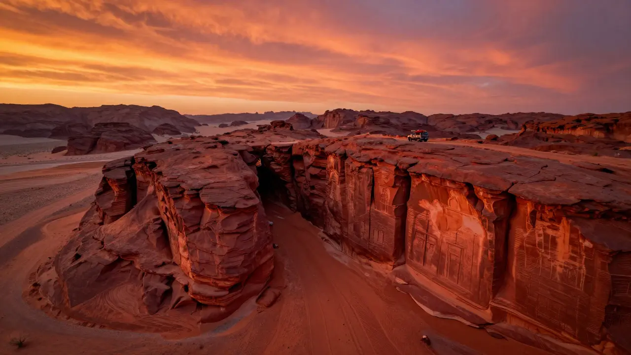 Paysage désertique de Tassili n’Ajjer au coucher du soleil, falaises rouges et gravures rupestres.