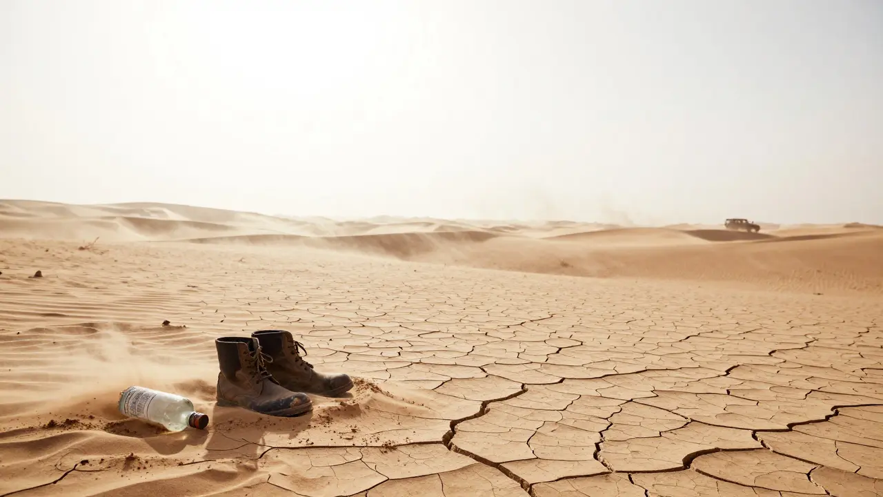 Paysage désertique en juillet avec une tempête de sable et des objets abandonnés sous un ciel éblouissant.