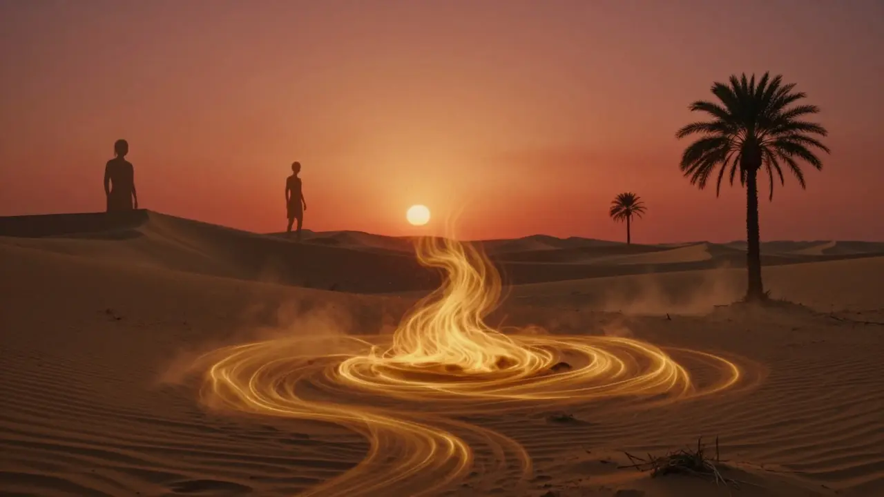 Paysage désertique où la chaleur prend forme de volutes dorées absorbant la lumière du coucher de soleil.