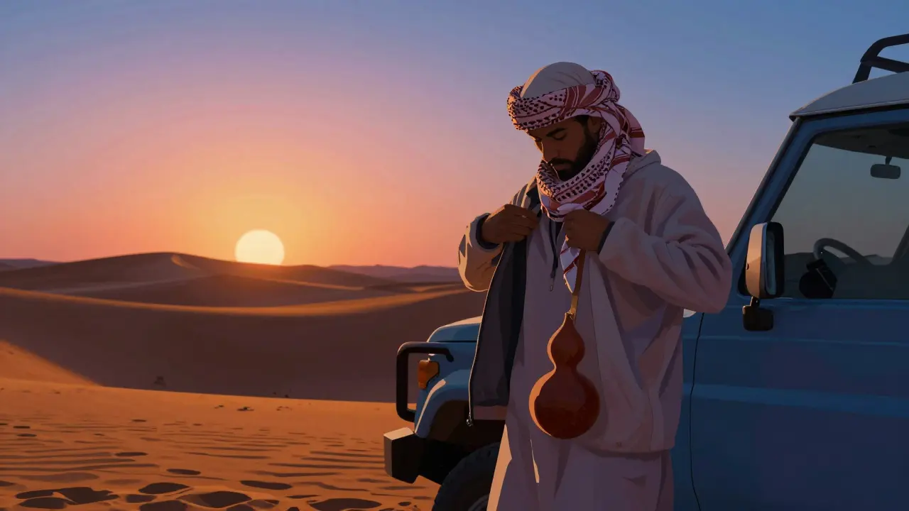 Personne ajustant ses couches de vêtements au coucher du soleil dans le désert, avec une veste légère et un foulard.